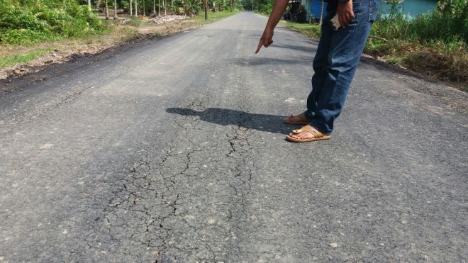 RUSAK - Tampak aspal jalan Nipah Panjang-Bunga Tanjung yang sudah hancur. Padahal jalan tersebut baru selesai dibangun oleh PT. Usaha Batang Hari