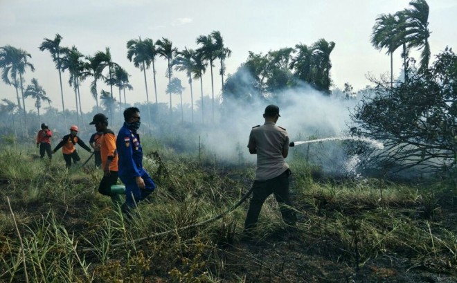 Pihak Polsek Muarasabak Barat bersama TNI, BPBD, pihak Kecamatan dan warga, berusaha memadamkan api yang menghanguskan kurang lebih 2 hektar lahan kosong 