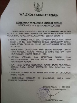 Ramadhan, Ini Himbauan Walikota Sungaipenuh   