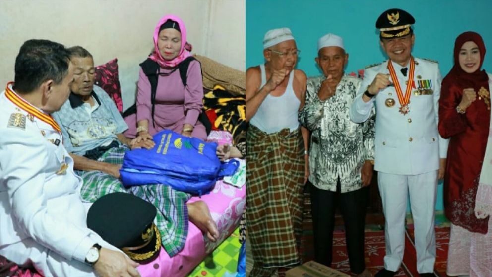 Bupati Adirozal didampingi ketua TP PKK kabupaten Kerinci Hj. Nailil Husna Adirozal, kunjungi veteran, usai upacara HUT RI ke 74.