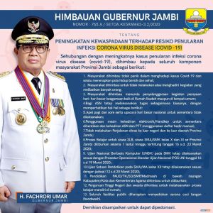 Gubernur Jambi Keluarkan Himbauan Tingkatkan Kewaspadaan Terhadap COVID-19   