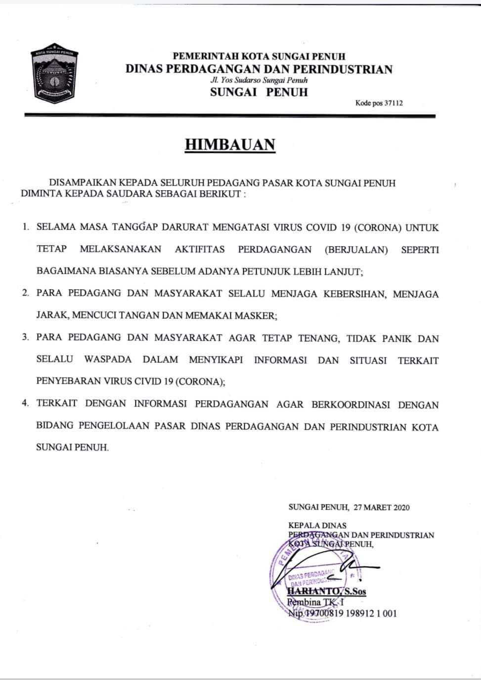 Disperindag Kota Sungaipenuh, Terbitkan Himbauan, Tepis Hoax Penutupan Pasar Tanjung Bajure