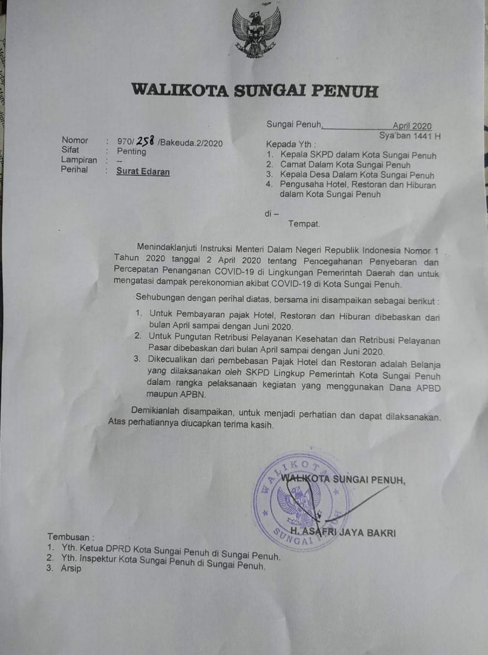 Walikota Sungaipenuh Terbitkan SE Gratiskan Biaya Kesehatan dipuskesmas, Retribusi Pasar, Hotel dan Restoran