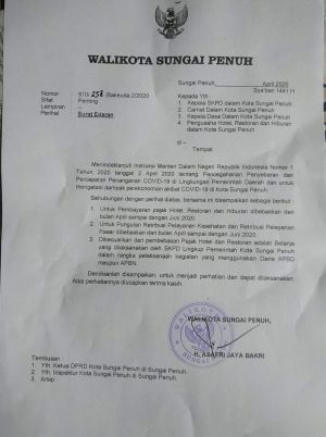 Walikota Sungaipenuh Terbitkan SE Gratiskan Biaya Kesehatan, Retribusi Pasar, Hotel dan Restoran