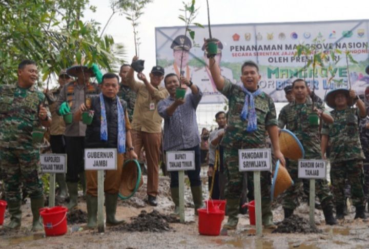 Bupati Romi Bersama Pangdam II Sriwijaya dan Gubermur Al Haris Tanam Pohon Mangrove 