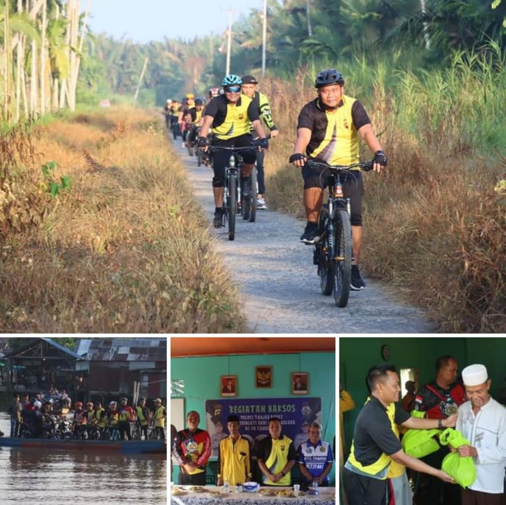 Sambut HUT Bhayangkara Ke-78, Polres Tanjab Barat Gelar Gowes 78 Km dan Bagi Bansos