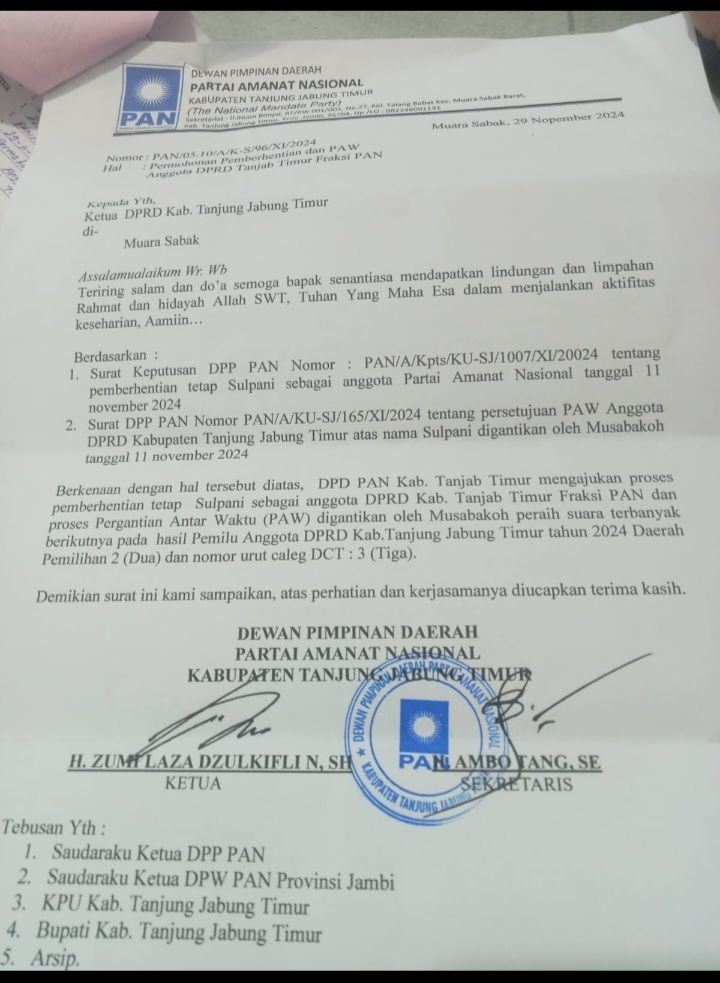 Surat pemberhentian dan PAW Sulpani