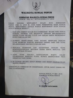Jelang Ramadhan 1440 H/ 2019, Pemkot Sungai Penuh Terbitkan Himbauan Walikota 