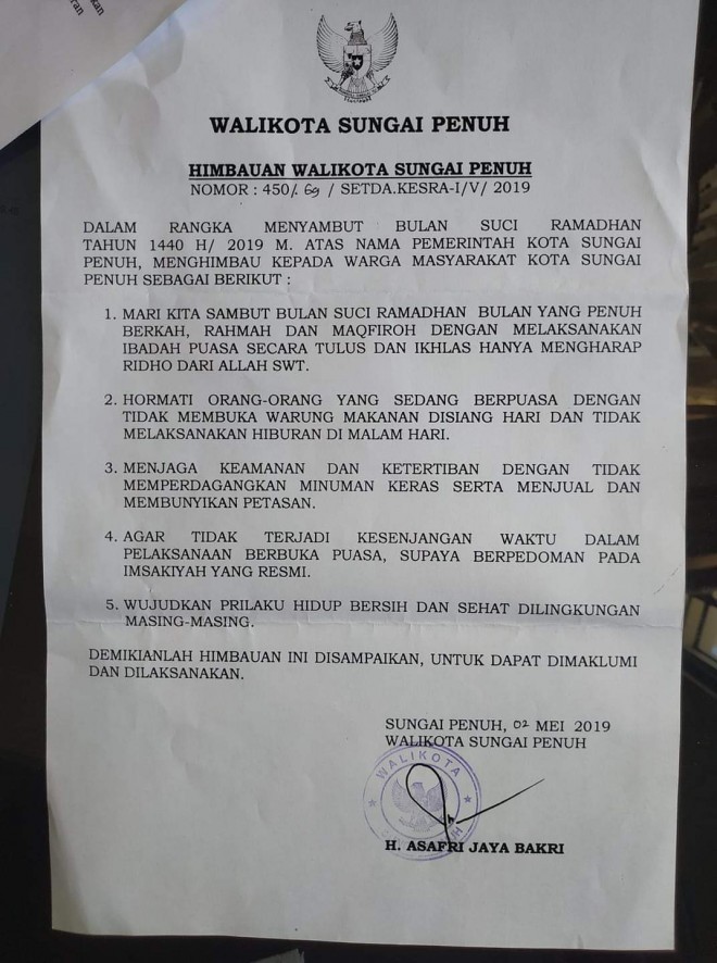 Jelang Ramadhan 1440 H/ 2019, Pemkot Sungai Penuh Terbitkan Himbauan Walikota 
